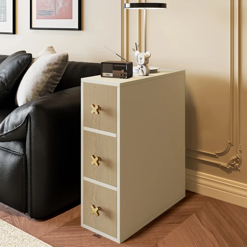 Contemporary Retro Narrow Rectangular Solid Pine Wood Microfiber Leather Side Storage Cabinet 3-Drawer For Living Room