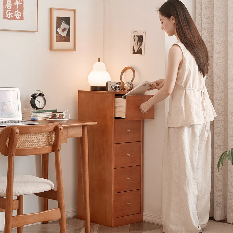 Modern Mid-Century Rectangular Rubberwood Pine Wood Space-Saving Corner Storage Cabinet 5-Drawer For Living Room