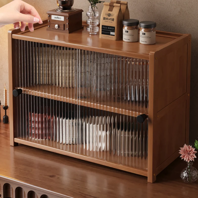 Traditional Vintage Bamboo Acrylic Rectangular Textured Storage Cabinet With 1/2/3 Tier For Living Room