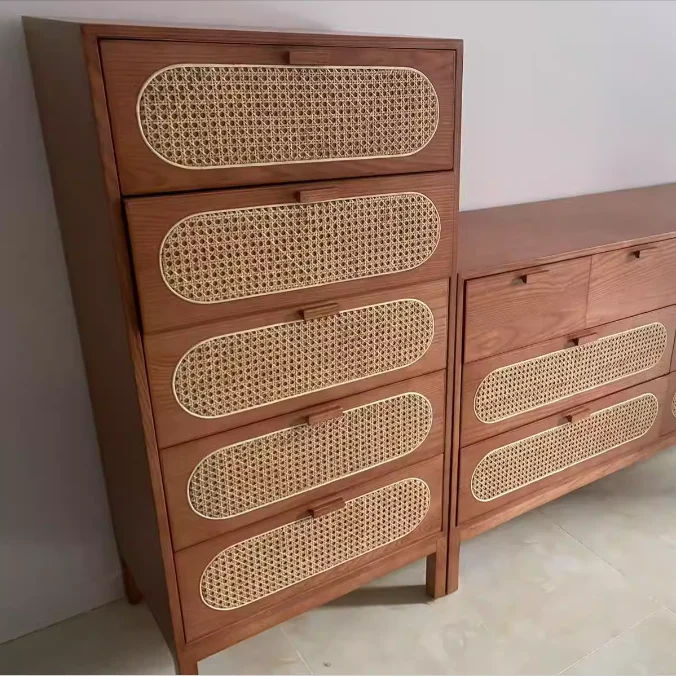 Traditional Chinese Ash Wood Solid Wood Multi-Layer Board Woven Rattan Rectangular Storage Cabinet 5/8 Drawers For Living Room