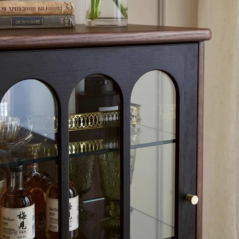 Traditional French Oak Wood Glass Cylindrical Rectangular Storage Cabinet 3 Tier For Living Room