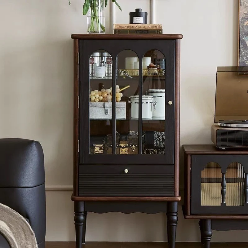 Traditional French Oak Wood Glass Cylindrical Rectangular Storage Cabinet 3 Tier For Living Room