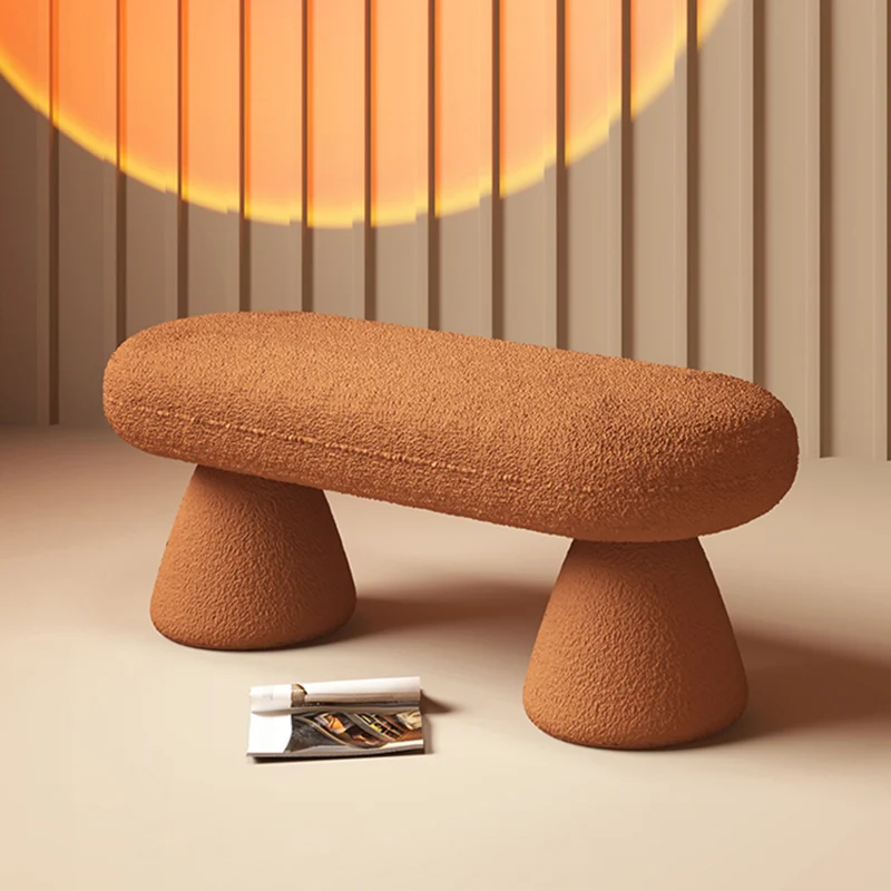 Modern Minimalist Oval Sherpa Solid Wood Sherpa Fabric Upholstered Bench Backless Armless For Entryway & Hallway