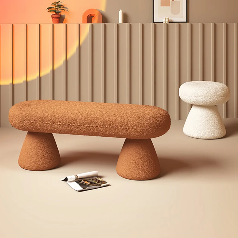 Modern Minimalist Oval Sherpa Solid Wood Sherpa Fabric Upholstered Bench Backless Armless For Entryway & Hallway