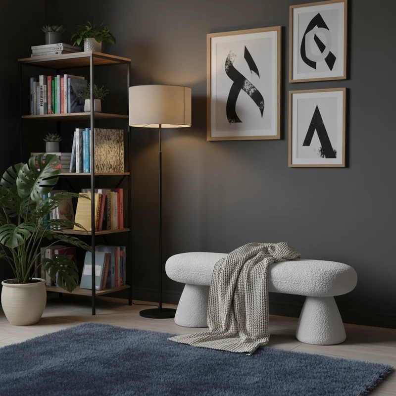 Modern Minimalist Oval Sherpa Solid Wood Sherpa Fabric Upholstered Bench Backless Armless For Entryway & Hallway