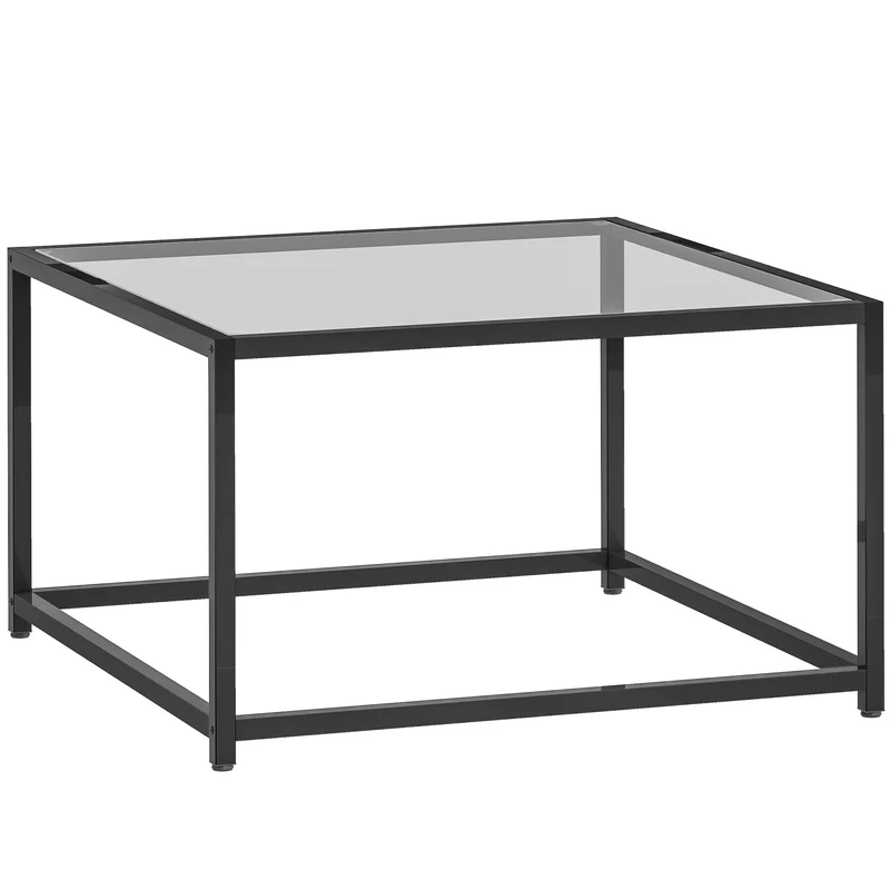 Mesa lateral quadrada, mesa de cabeceira com tampo de vidro temperado, mesa de centro com pés de aço 68 x 68 x 39 cm Preto