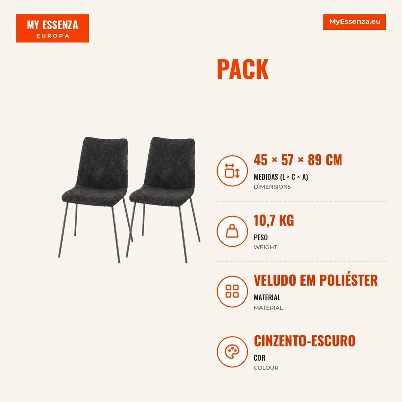 Pack de 2 Cadeiras de Jantar em Veludo com Assento e Encosto Acolchoados e Pernas Metálicas, Cinzento-Escuro
