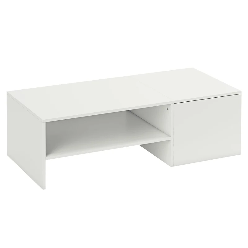 Mesa de centro ajustável, trilhos metálicos, painel de partículas, pés protetores, branco