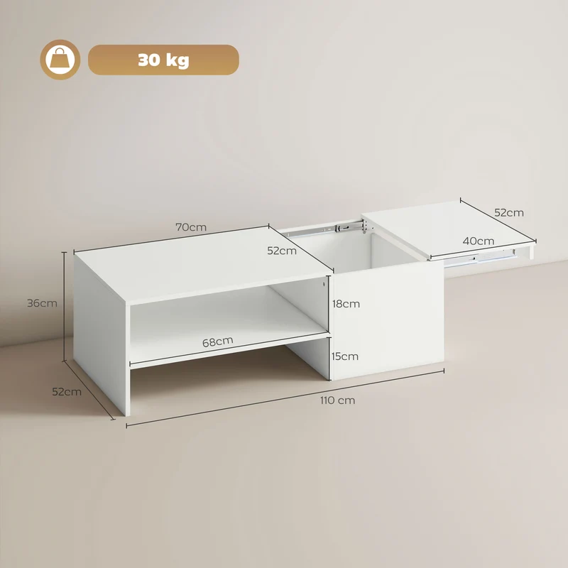 Mesa de centro ajustável, trilhos metálicos, painel de partículas, pés protetores, branco