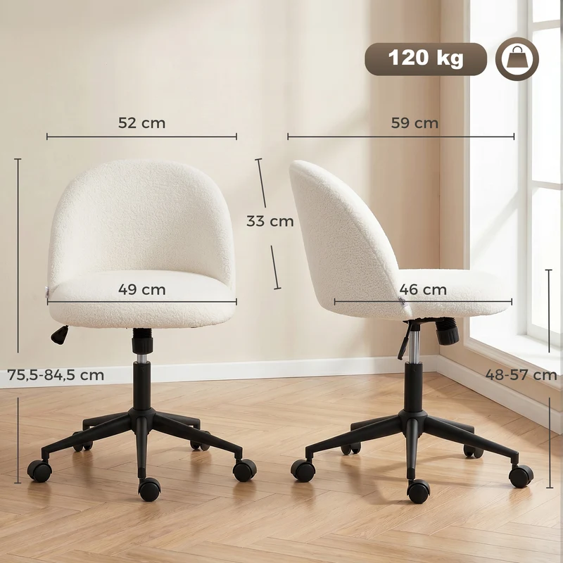 Cadeira de escritório giratória em teddy-fleece, regulável em altura, com rodas, espuma de conforto, creme