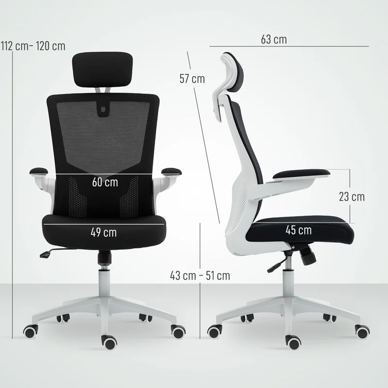 Cadeira de Escritório Ergonômica Poltrona de Escritório Apoios de Braço Rebatíveis Suporte Lombar Apoio de Cabeça 60x63x120 cm Preto
