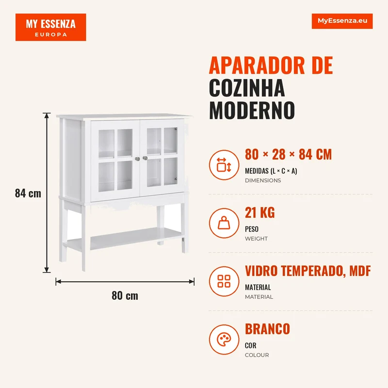 Aparador de Cozinha Moderno com 2 Portas em Vidro Temperado Prateleira Ajustável 80x28x84 cm Branco
