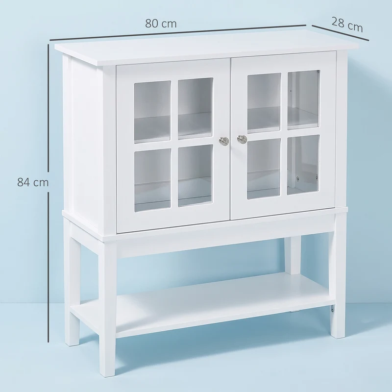 Aparador de Cozinha Moderno com 2 Portas em Vidro Temperado Prateleira Ajustável 80x28x84 cm Branco