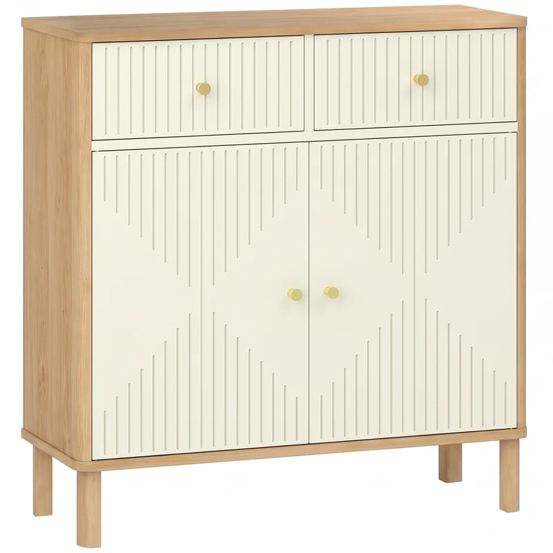 Aparador Móvel de Arrumação Canelado com Tampo Efeito Carvalho 2 Gavetas 2 Portas Prateleira Ajustável 77x30x80 cm Creme