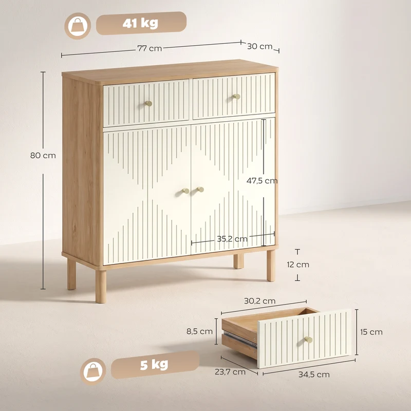 Aparador Móvel de Arrumação Canelado com Tampo Efeito Carvalho 2 Gavetas 2 Portas Prateleira Ajustável 77x30x80 cm Creme