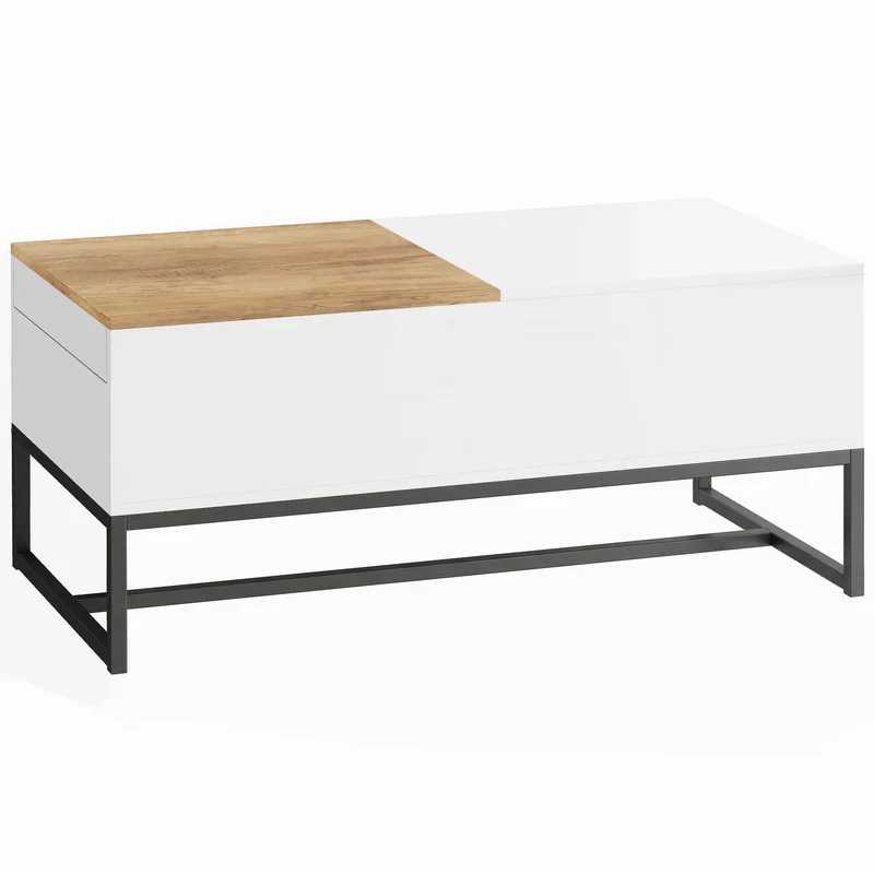 Mesa de Centro Extensível com Tampo Deslizante Mesa de Sala com Compartimento de Armazenamento Oculto e Pés em Aço Branco
