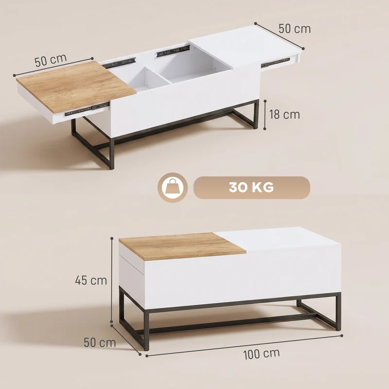 Mesa de Centro Extensível com Tampo Deslizante Mesa de Sala com Compartimento de Armazenamento Oculto e Pés em Aço Branco