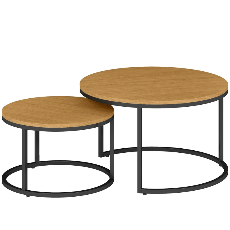 Conjunto de 2 Mesas de Centro empilháveis Design Industrial Tampo Imitação Cimento Pés de Metal Marrom