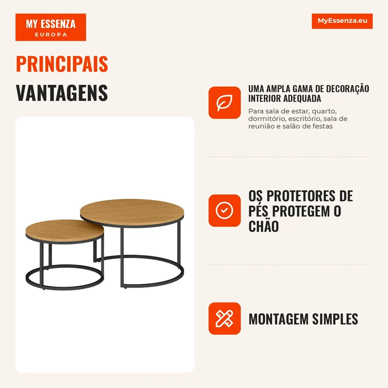 Conjunto de 2 Mesas de Centro empilháveis Design Industrial Tampo Imitação Cimento Pés de Metal Marrom