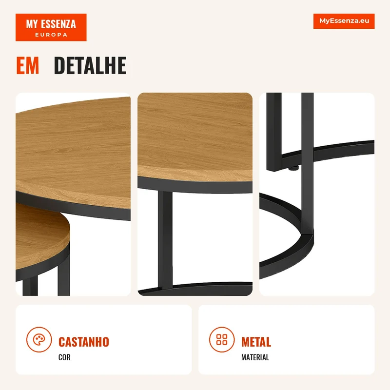 Conjunto de 2 Mesas de Centro empilháveis Design Industrial Tampo Imitação Cimento Pés de Metal Marrom