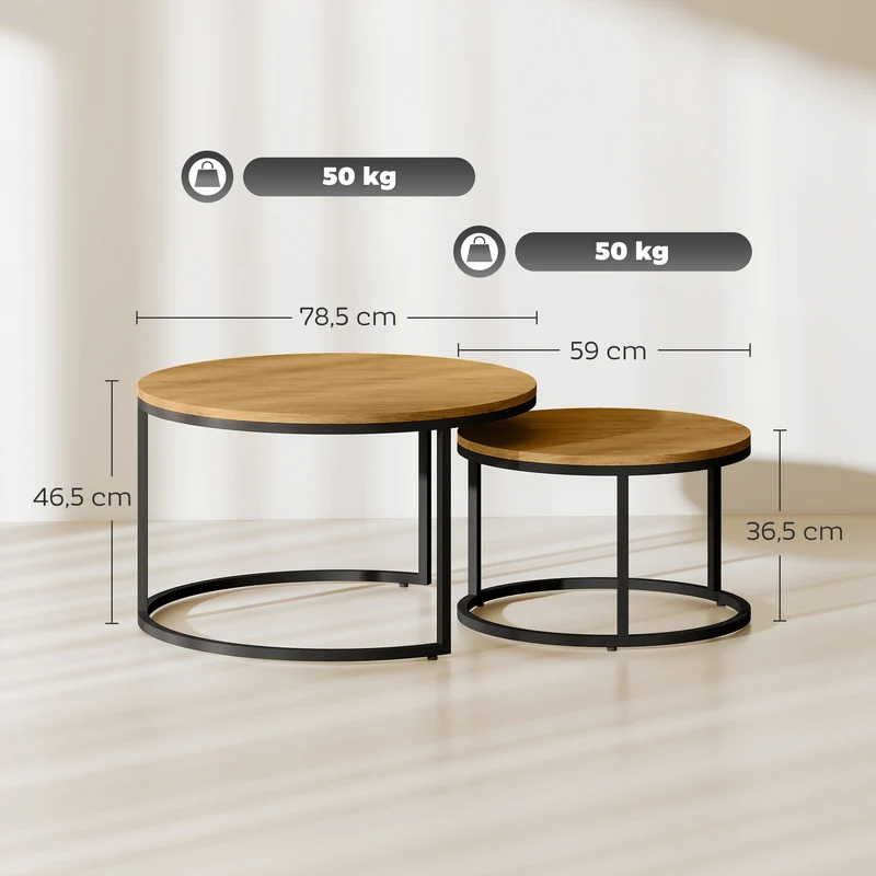 Conjunto de 2 Mesas de Centro empilháveis Design Industrial Tampo Imitação Cimento Pés de Metal Marrom