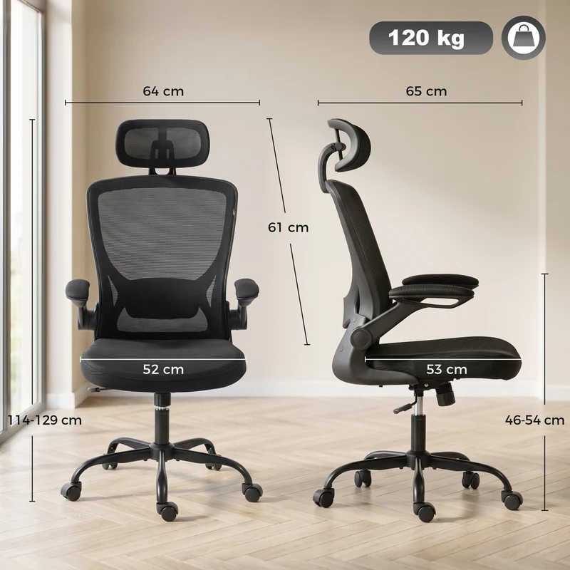 Cadeira de Escritório Ergonômica em Malha com Apoio de Cabeça Ajustável Preta