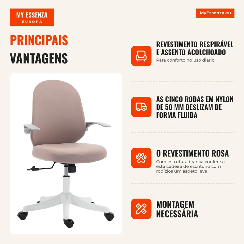 Cadeira de Escritório em Rede com Apoios de Braço Rebatíveis Altura Regulável e Rodízios Rosa e Branco