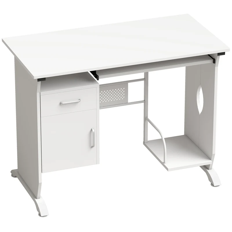 Mesa de Computador 100x52x75 cm Prateleira Deslizante para Teclado Gavetas e Suporte para Unidade Central Branco