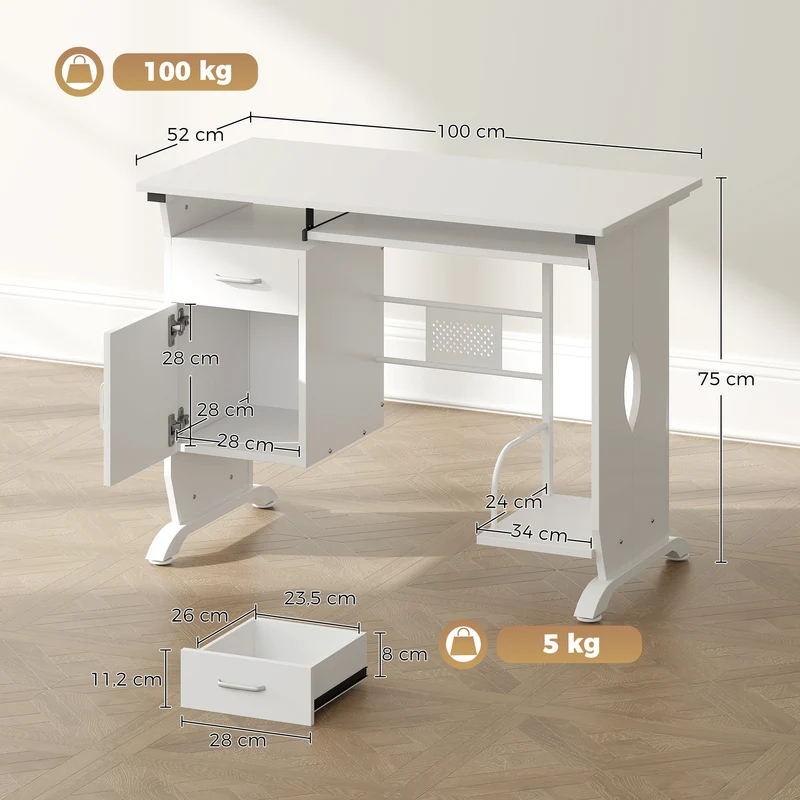 Mesa de Computador 100x52x75 cm Prateleira Deslizante para Teclado Gavetas e Suporte para Unidade Central Branco