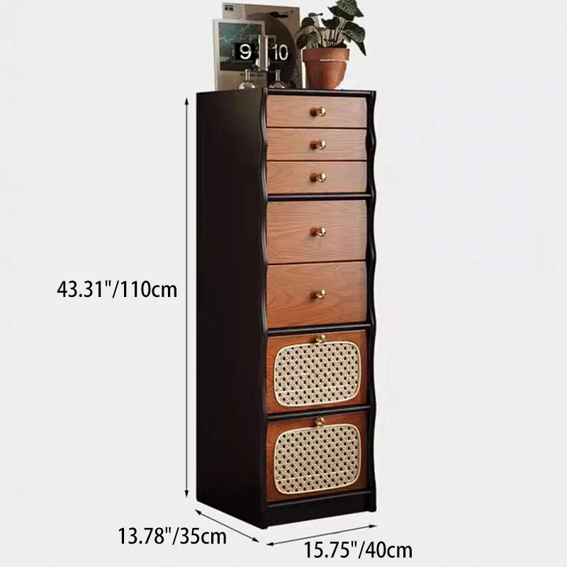 Contemporary Retro Solid Wood & Plywood Rectangular Rattan Weaving Storage Cabinet With 7-Drawer Organizer For Living Room