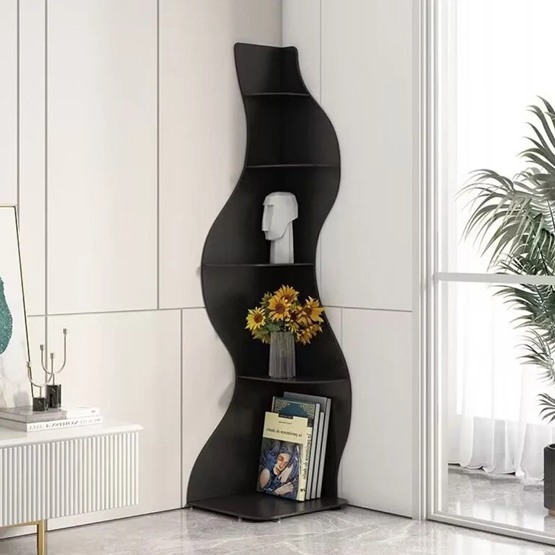 Modern Art Deco Rectangular Wavy Engineered Wood Corner Shelf Unit 5-Tier For Living Room