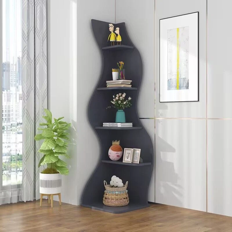 Modern Art Deco Rectangular Wavy Engineered Wood Corner Shelf Unit 5-Tier For Living Room