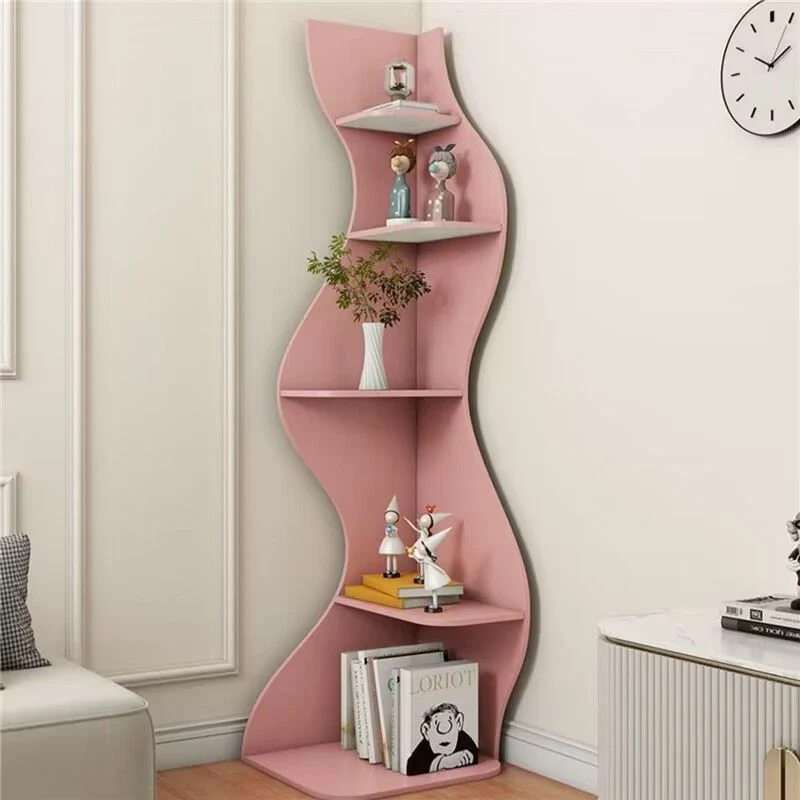 Modern Art Deco Rectangular Wavy Engineered Wood Corner Shelf Unit 5-Tier For Living Room