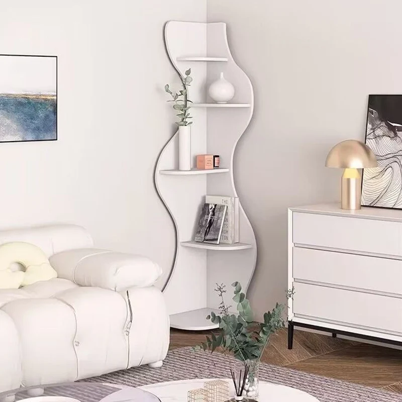 Modern Art Deco Rectangular Wavy Engineered Wood Corner Shelf Unit 5-Tier For Living Room