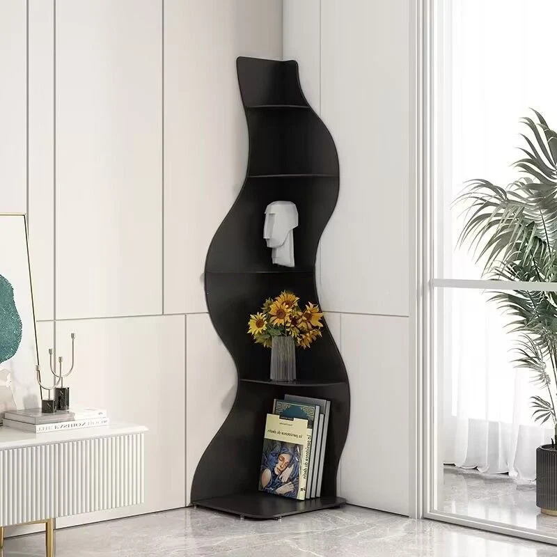 Modern Art Deco Rectangular Wavy Engineered Wood Corner Shelf Unit 5-Tier For Living Room