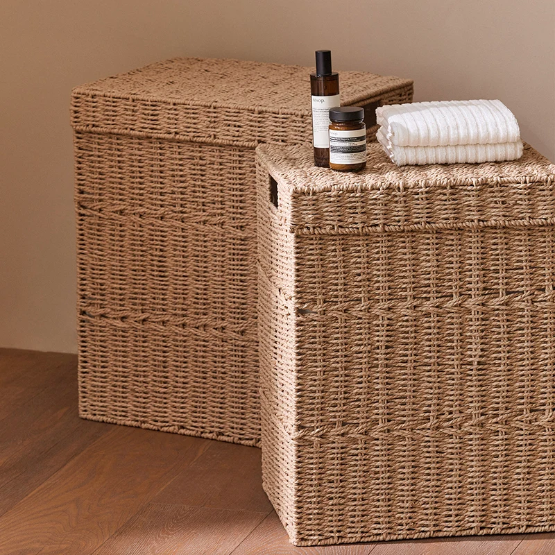 Traditional Japanese Rectangular Handmade Paper Rope Steel Storage Basket Cabinet 1-Storage For Living Room & Bedroom