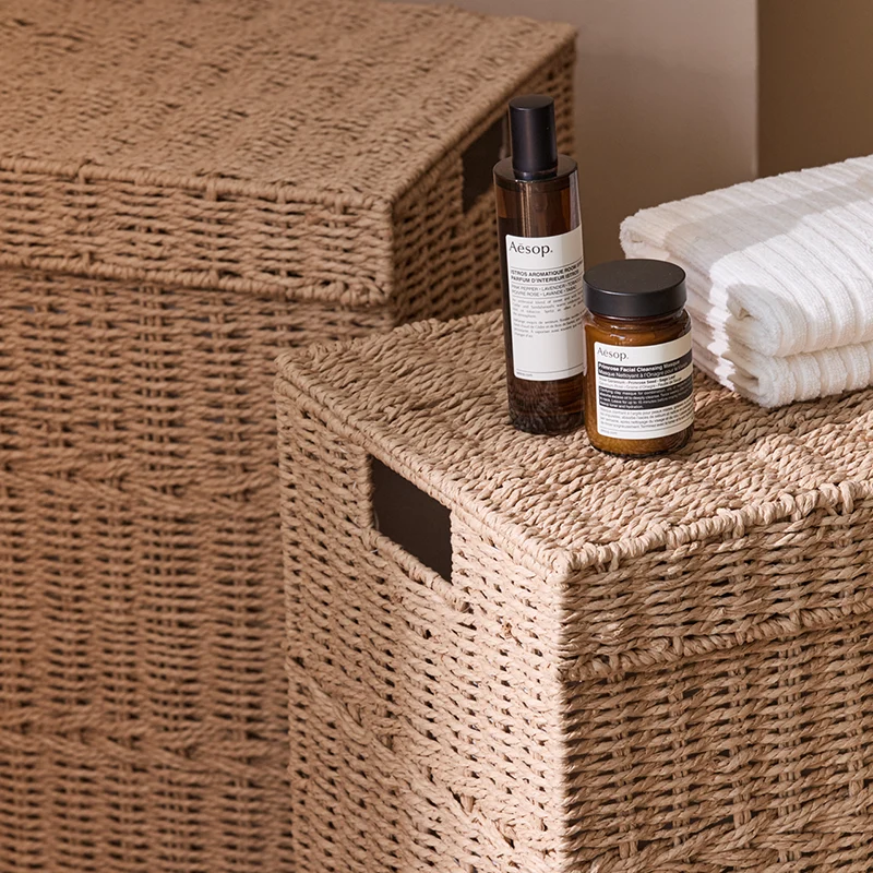 Traditional Japanese Rectangular Handmade Paper Rope Steel Storage Basket Cabinet 1-Storage For Living Room & Bedroom
