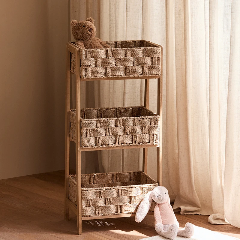 Contemporary Nordic Rectangular Pine Paper Cord Storage Shelf 3-Tier For Living Room