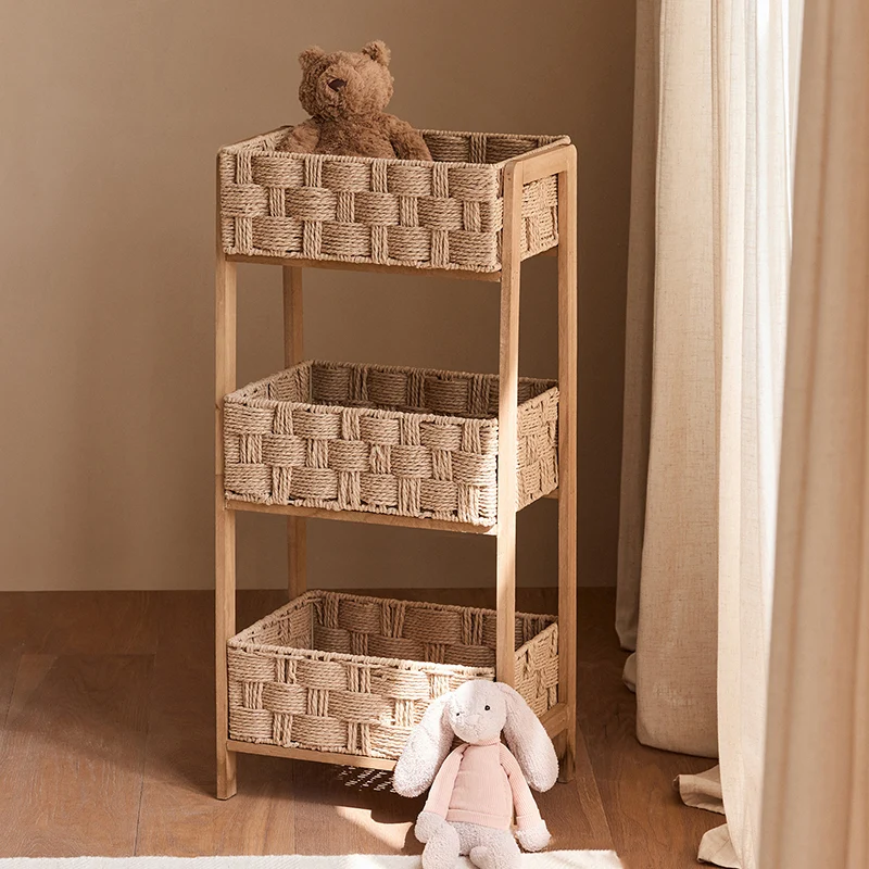 Contemporary Nordic Rectangular Pine Paper Cord Storage Shelf 3-Tier For Living Room