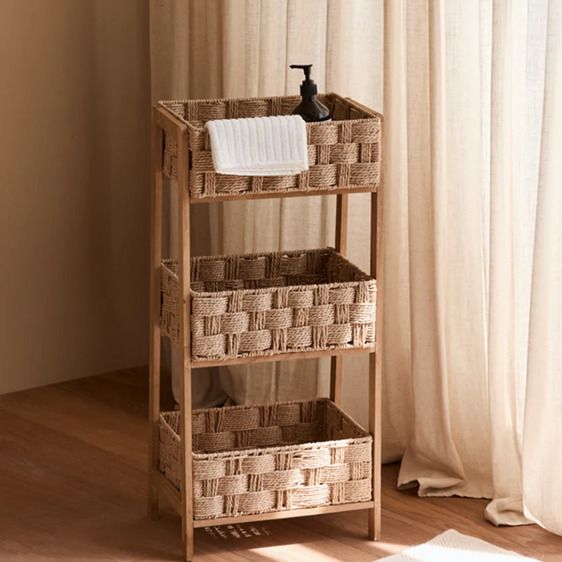 Contemporary Nordic Rectangular Pine Paper Cord Storage Shelf 3-Tier For Living Room