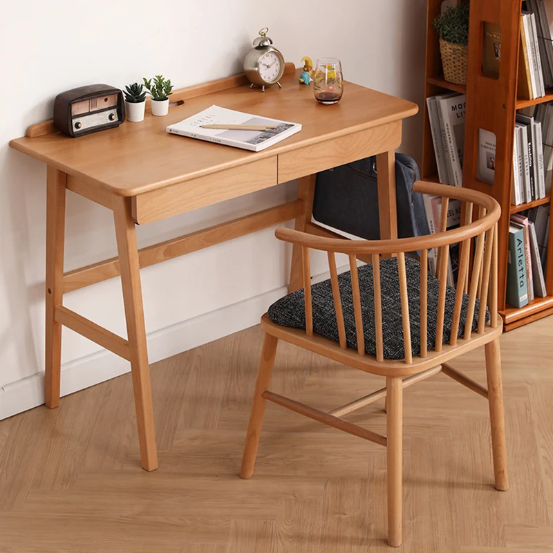 Modern Minimalist Rectangular Beech Solid Wood Plywood Rubberwood Desk 1/2-Drawer For Home Office