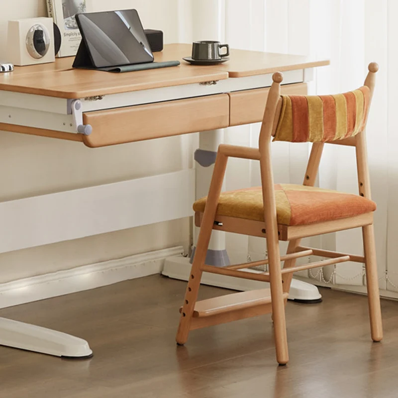 Traditional French Trapezoidal Beech Wood Pine Board Faux Cotton-Linen Fabric Sponge Adjustable Kids Desk Chair For Study