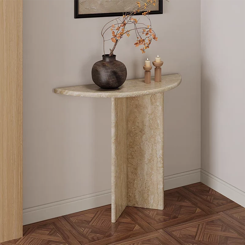 Modern Minimalist Natural Travertine Half Moon Console Table Against The Wall Space-saving For Living Room Entryway