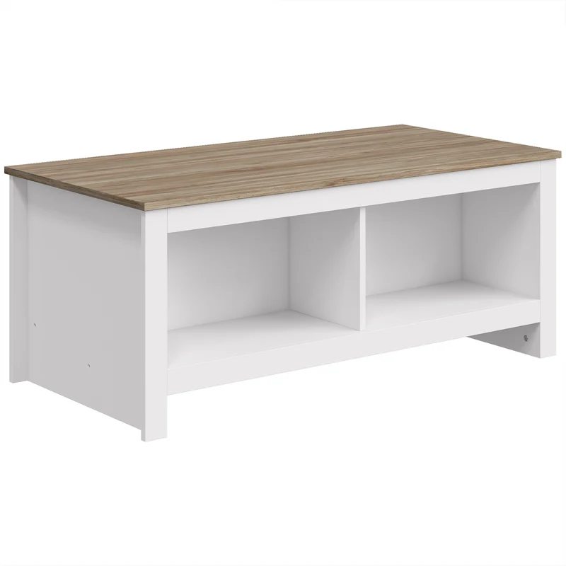 Mesa de Centro Retangular Mesa de Sala Moderna com 4 Compartimentos Abertos 110x55x45,5 cm Carvalho e Branco