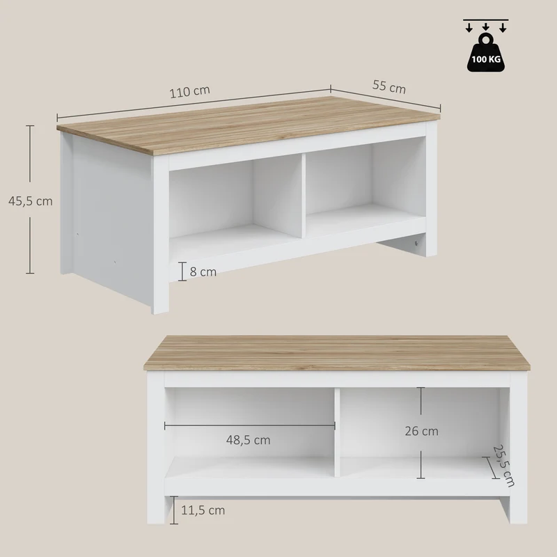 Mesa de Centro Retangular Mesa de Sala Moderna com 4 Compartimentos Abertos 110x55x45,5 cm Carvalho e Branco