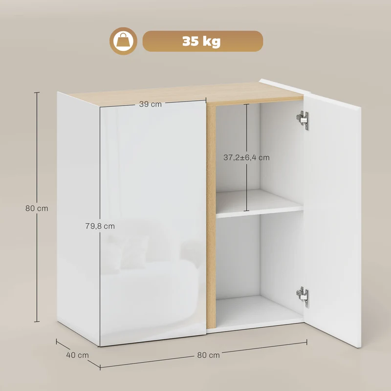 Aparador Alto Brilho 2 Portas com Fecho Suave e Prateleira Ajustável 80x40x80 cm Branco