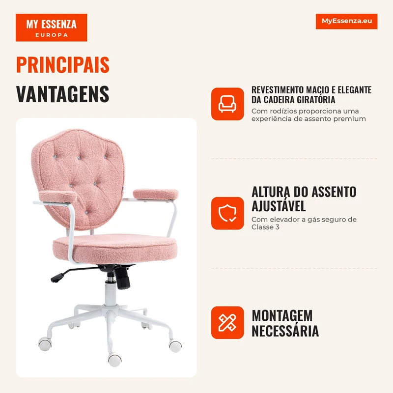 Cadeira de escritório bonita com revestimento macio capitonê com botões, altura ajustável, Rosa