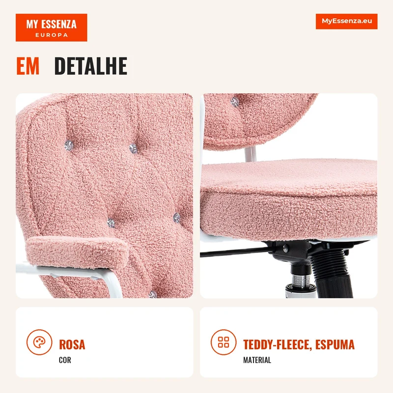 Cadeira de escritório bonita com revestimento macio capitonê com botões, altura ajustável, Rosa