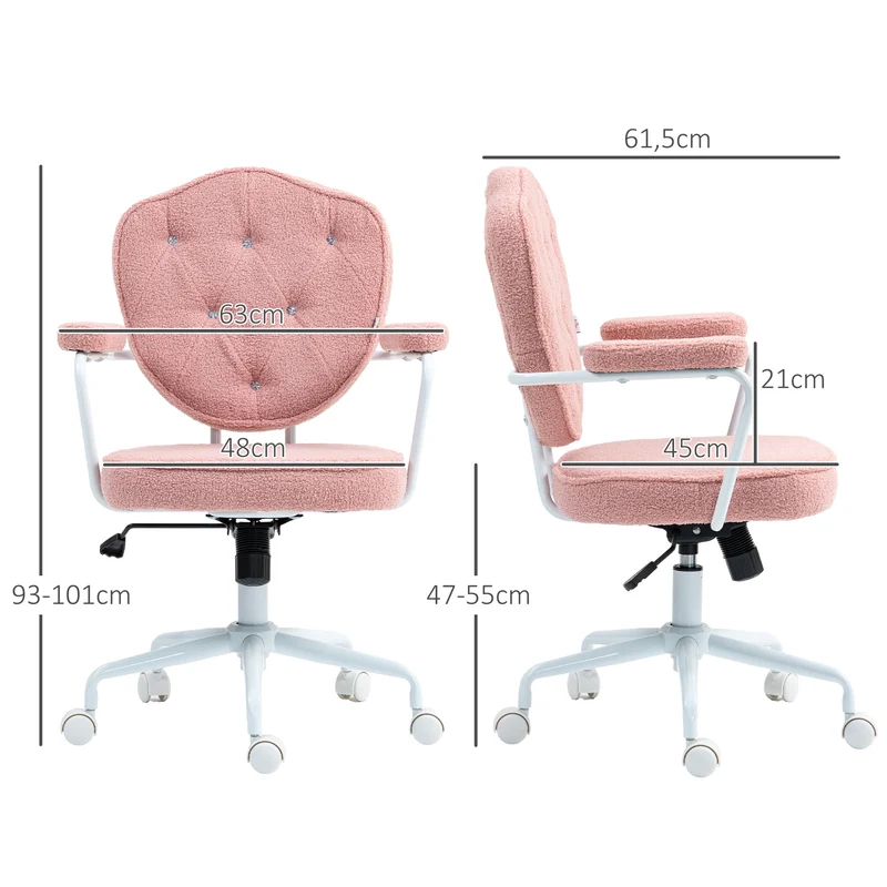 Cadeira de escritório bonita com revestimento macio capitonê com botões, altura ajustável, Rosa