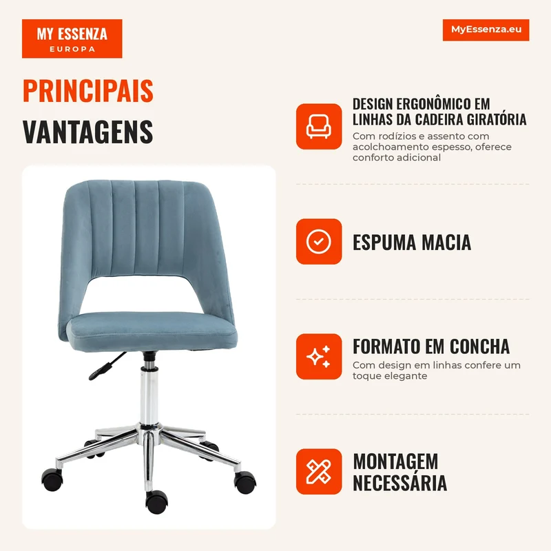 Cadeira Home Office Cadeira de Secretária com Aparência em Veludo, Altura Ajustável, Cadeira Giratória/Cadeira de Maquilhagem, Cadeira de Escritório até 120 kg, para Escritório ou Quarto Azul